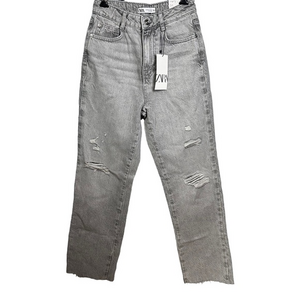 Zara High Rise Straight Leg Jeans Raw Hem Blue Denim Casual Minimalist Size 2